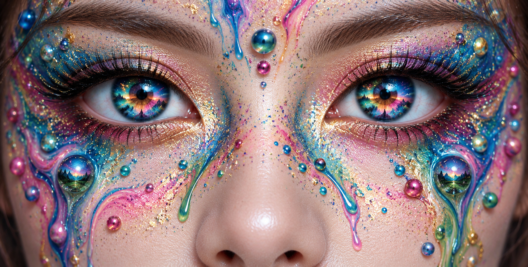 迷幻彩虹虹膜成人面部特写 — AI image creation