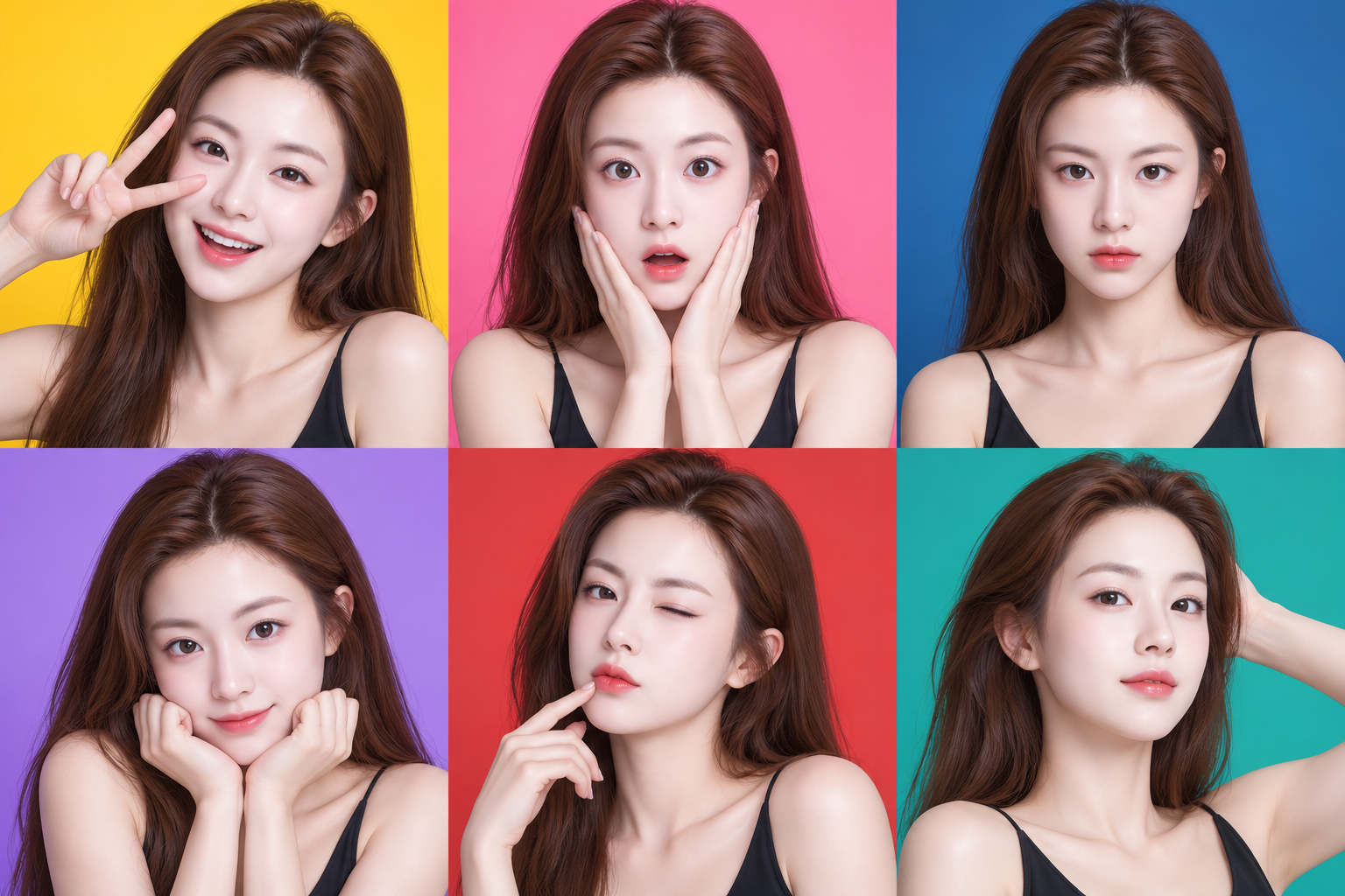 여섯 가지 표정의 3D 성인 캐릭터 초상화 콜라주
