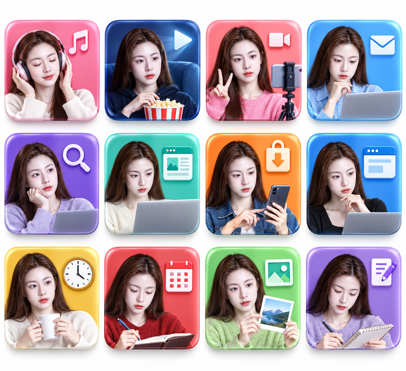 十二格通用应用主题3D人物图标网格 — AI image creation
