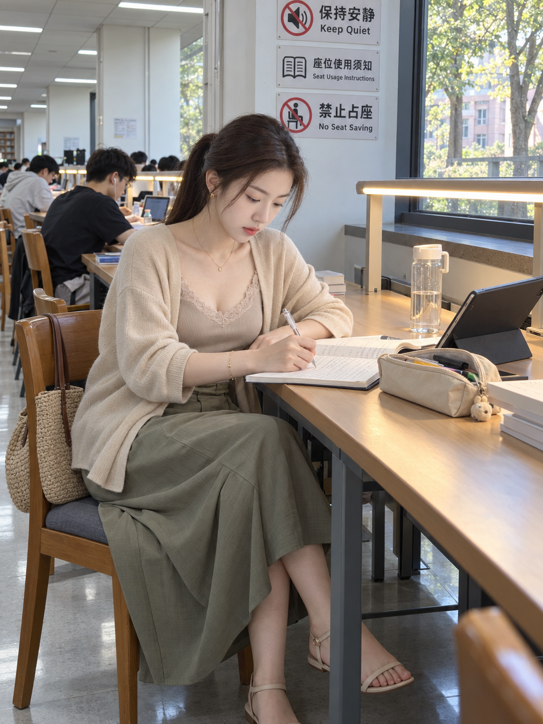 大学自习室窗边写字纪实人像 — AI image creation