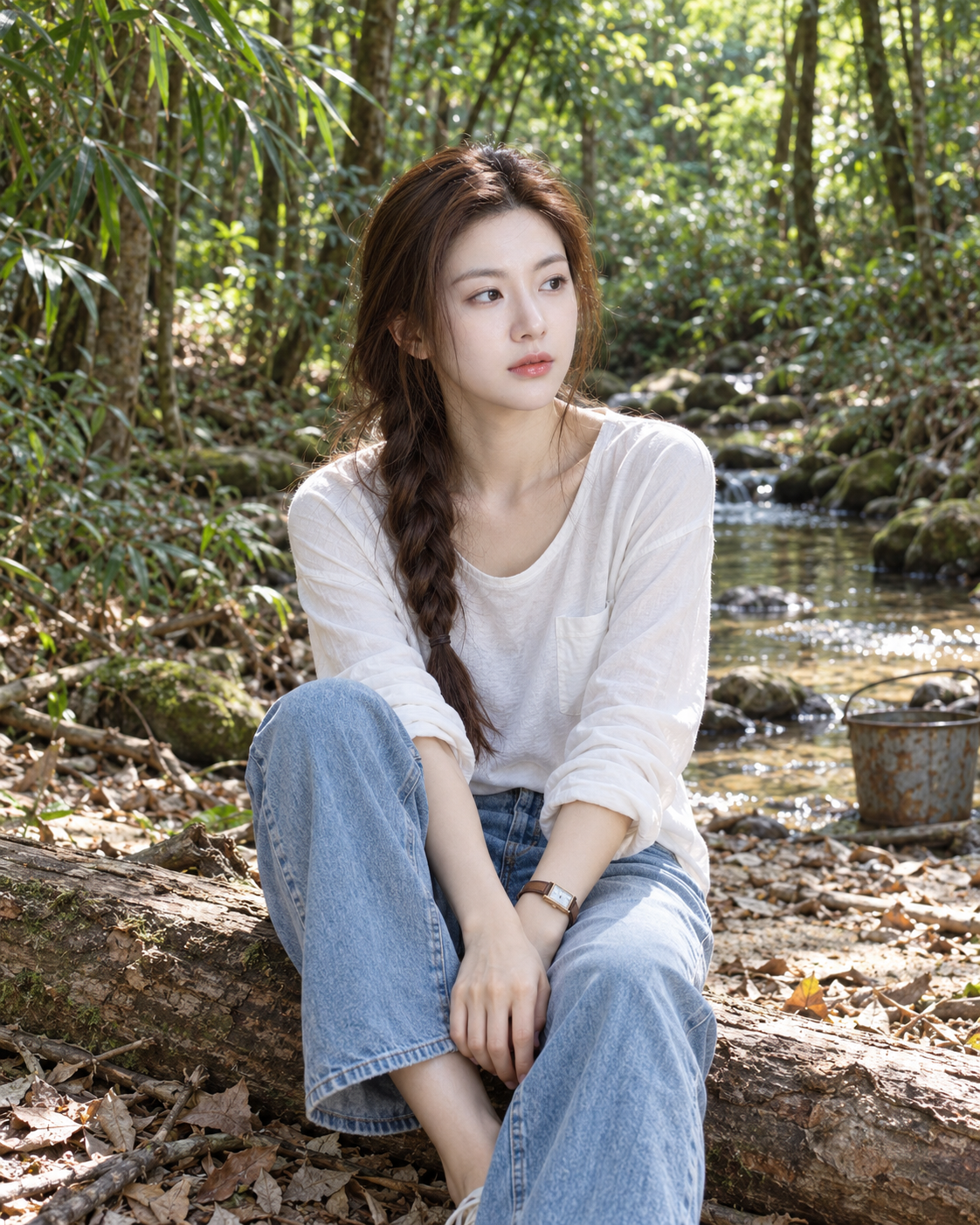森林溪流旁静坐的成年女性人像 — AI image creation
