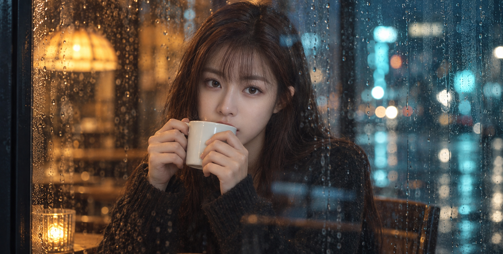 雨夜咖啡馆窗边的电影感人像 — AI image creation