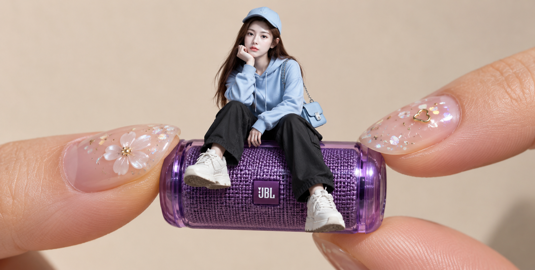 指尖上的微缩时尚:坐巨大音箱的潮流女孩 — AI image creation