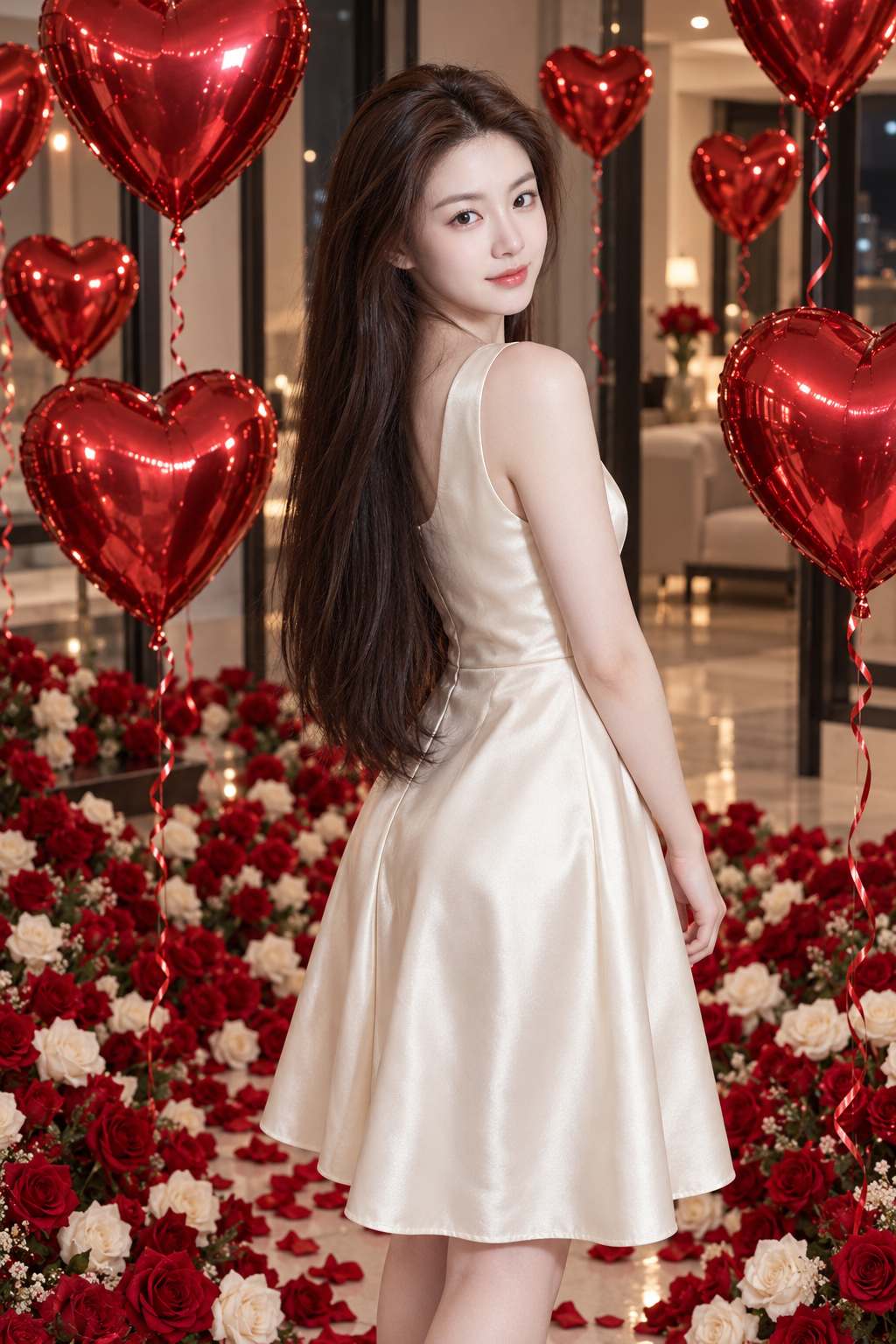 玫瑰与红心气球环绕的成年女性情人节肖像 — AI image creation