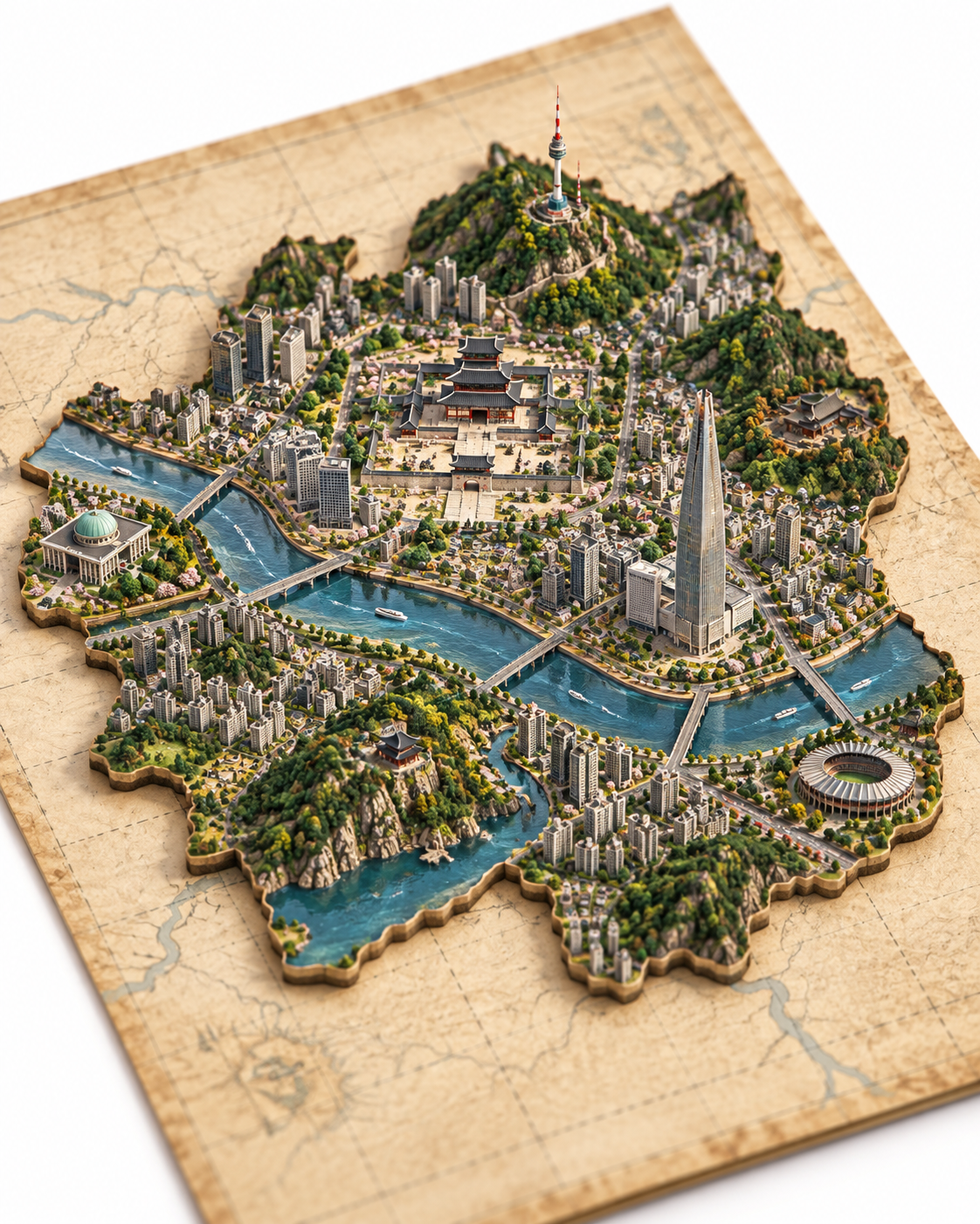 复古地图上的城市立体微缩景观 — AI image creation