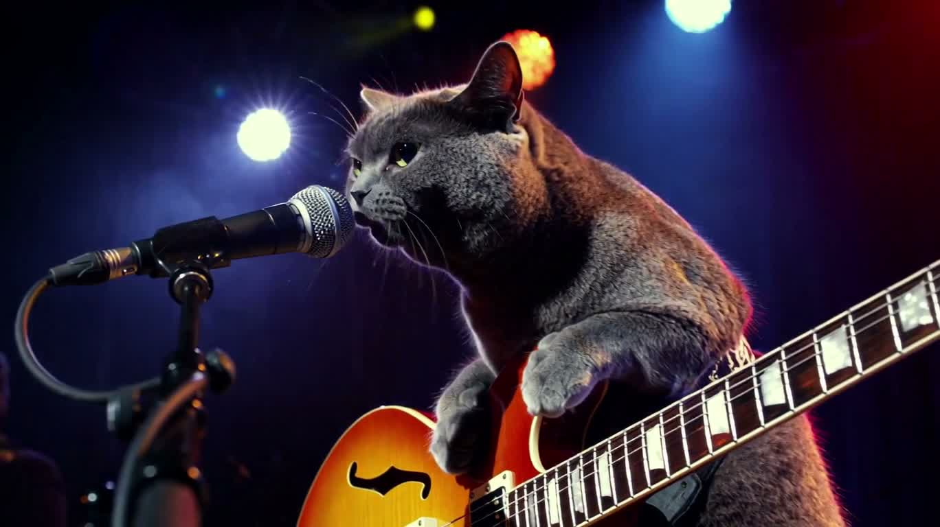 舞台上的沙特尔猫吉他演奏 — AI video creation