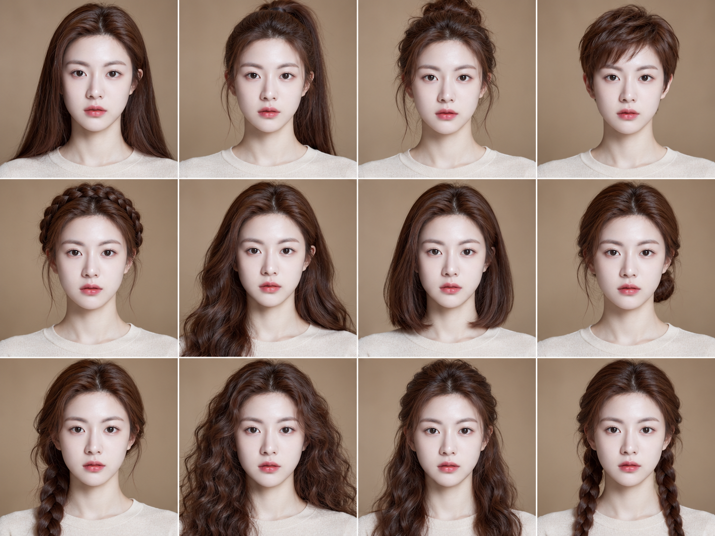 十二格发型变化的统一身份美妆拼贴 — AI image creation