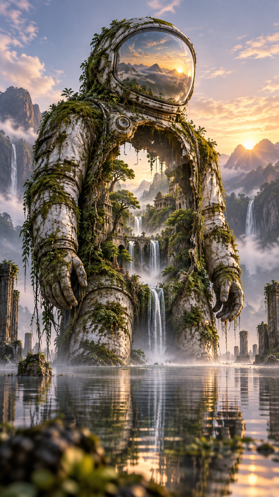 苔藓宇航服中的瀑布森林奇境 — AI image creation