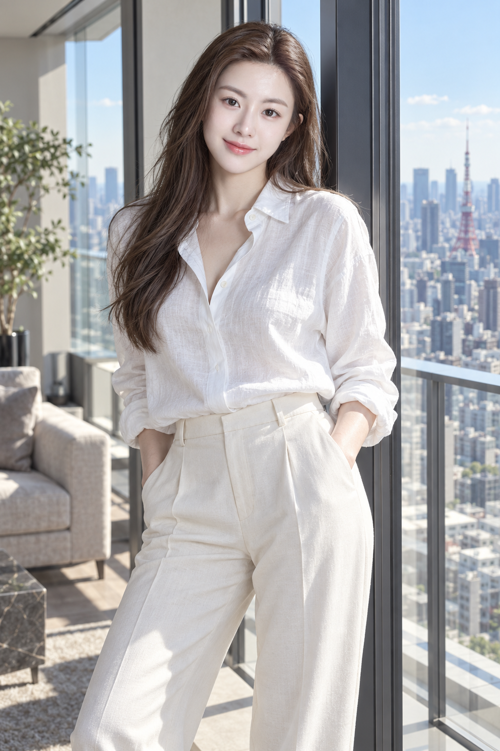 東京の高層マンションで白いシャツを着た大人の日本人女性の優雅なポートレート