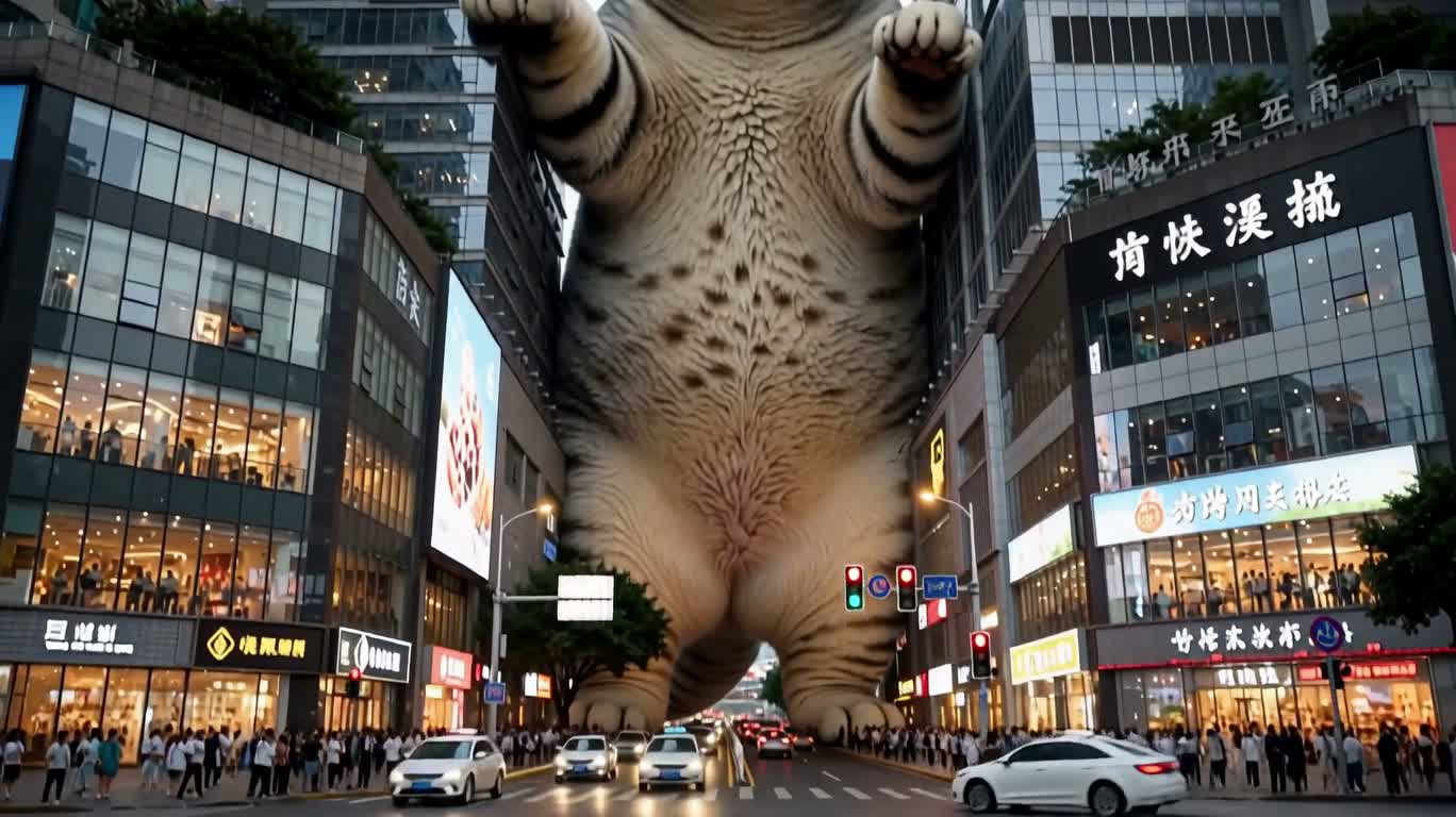 重庆巨型白色虎斑猫奇遇 — AI video creation