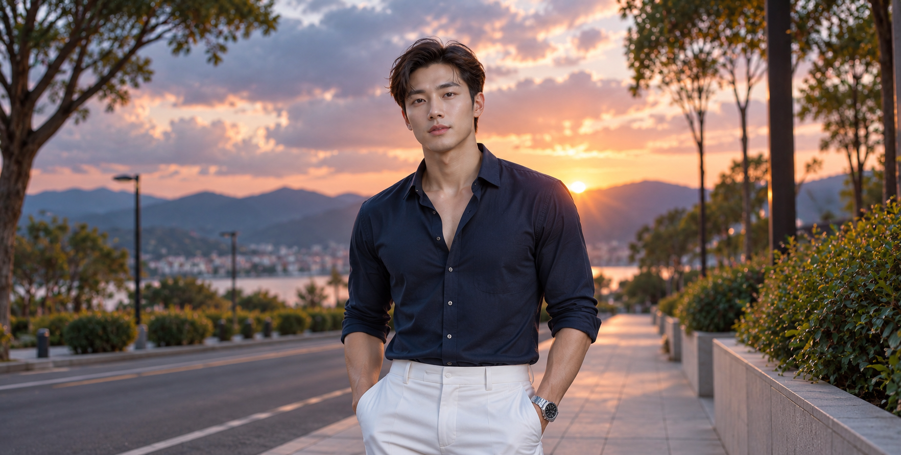 夕阳下的摩登时尚男士 — AI image creation