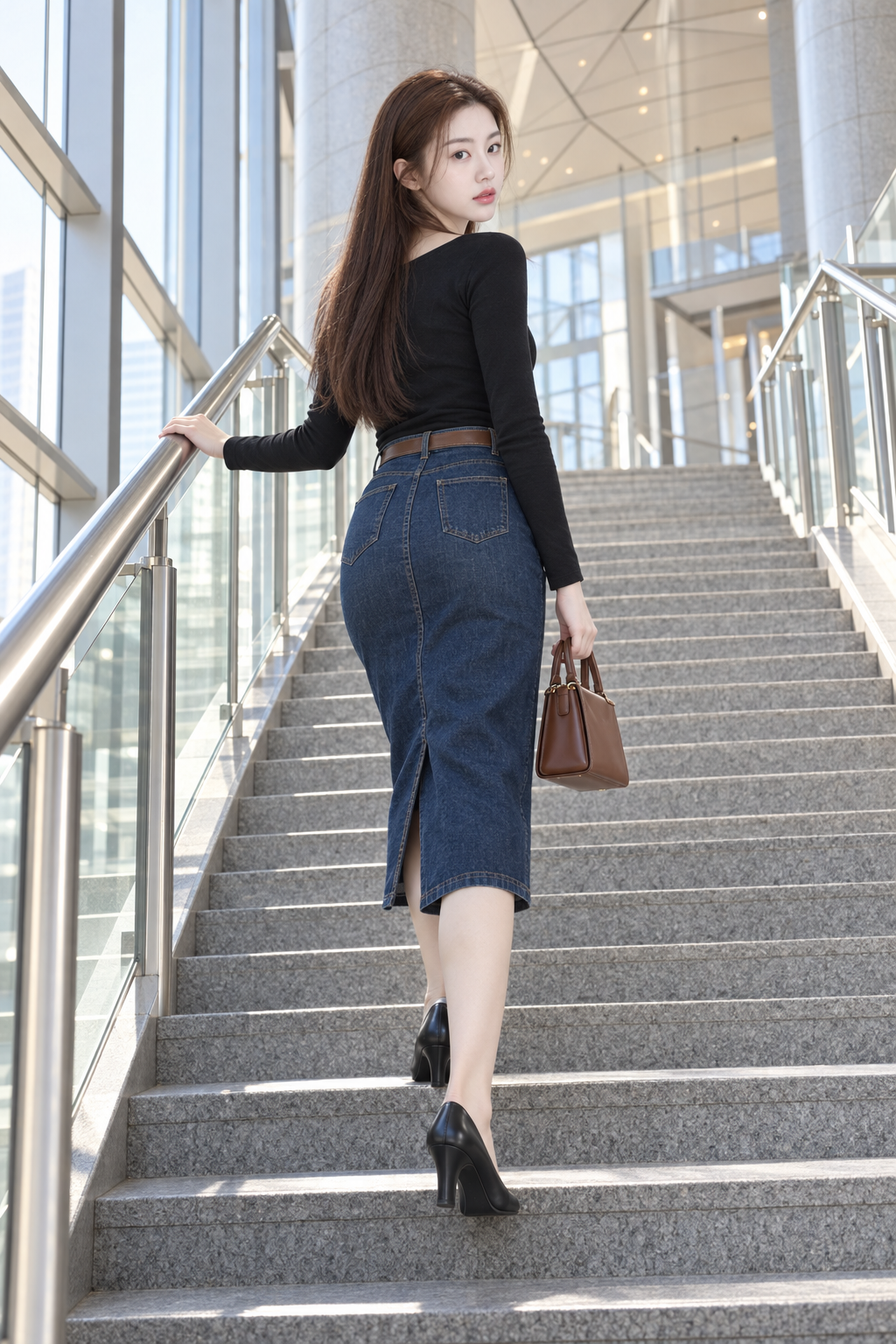 现代建筑楼梯上的成年女性时尚肖像