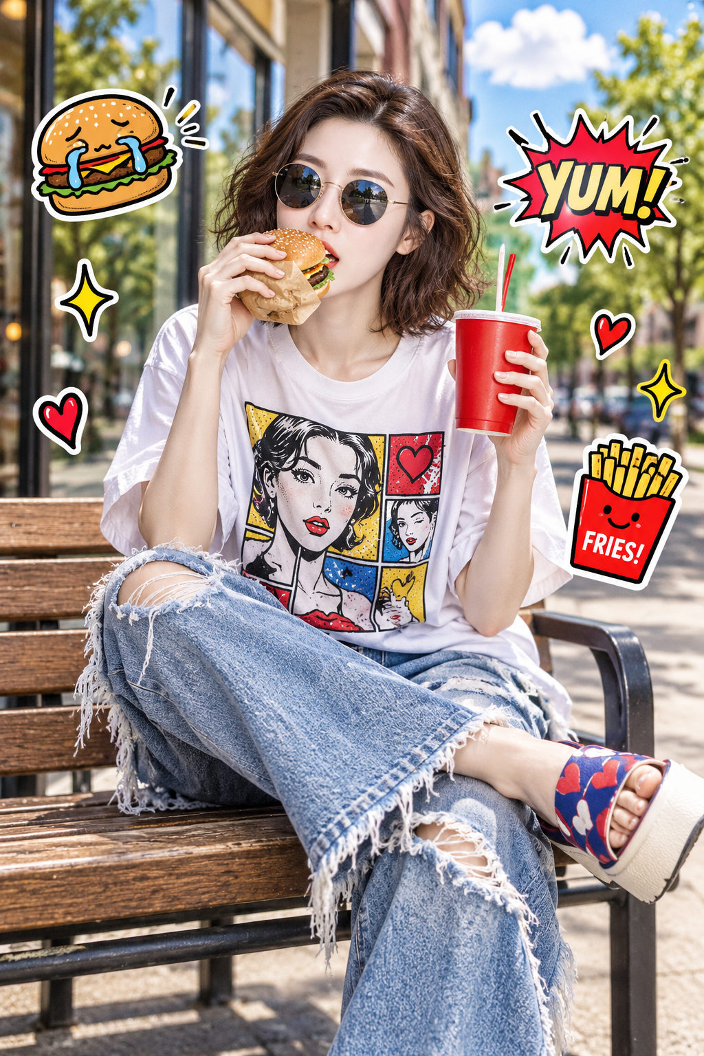 街头汉堡与漫画贴纸成年模特拼贴 — AI image creation