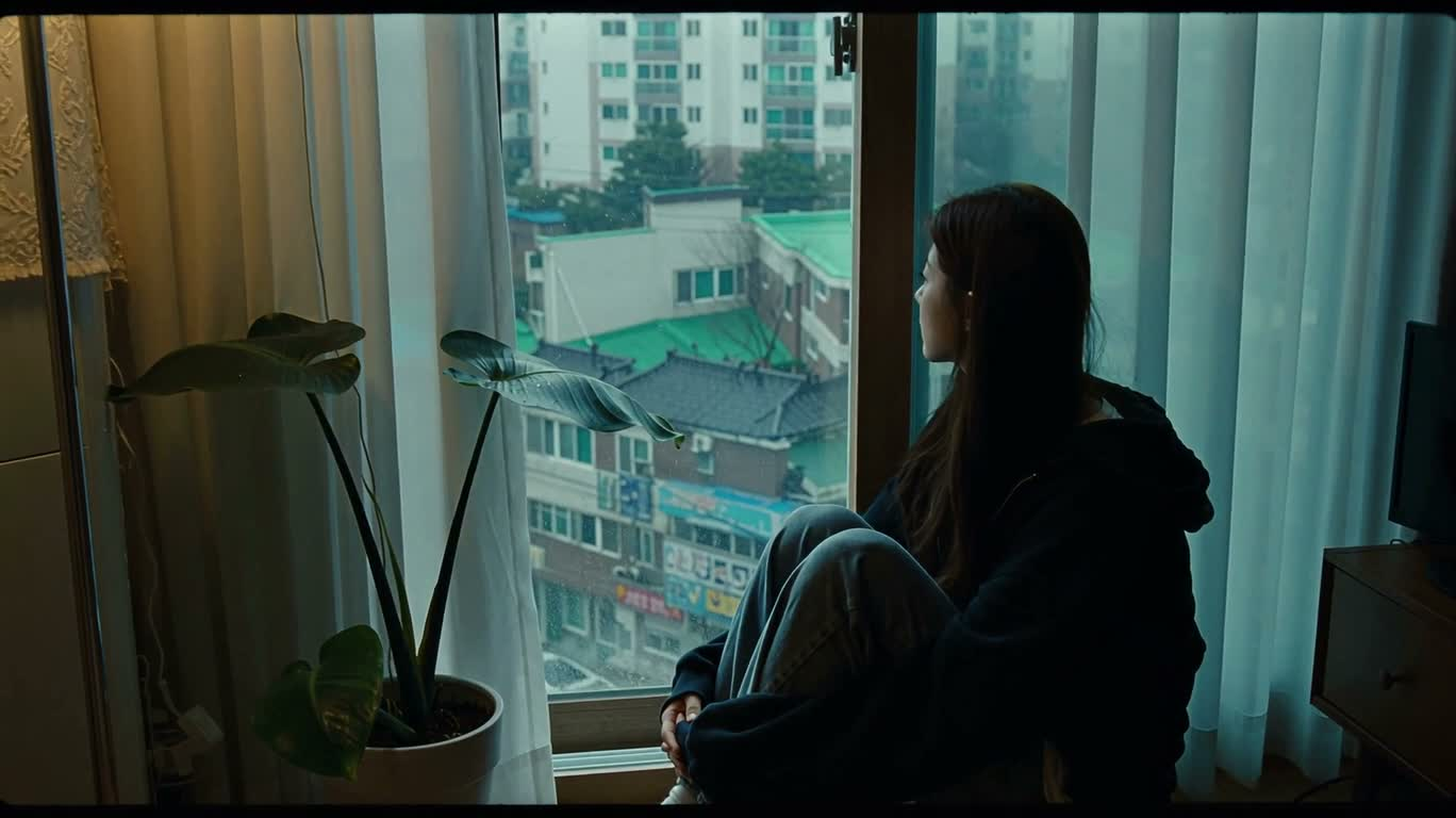 비 내리는 창가의 물방울 하나