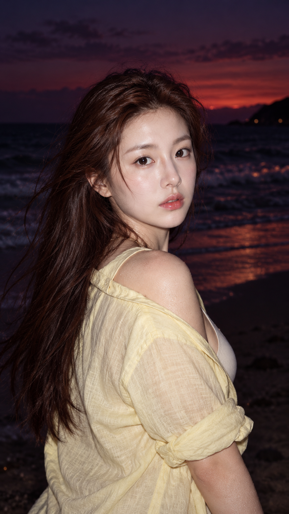 暮色海滩闪光灯下的成年女性回眸 — AI image creation