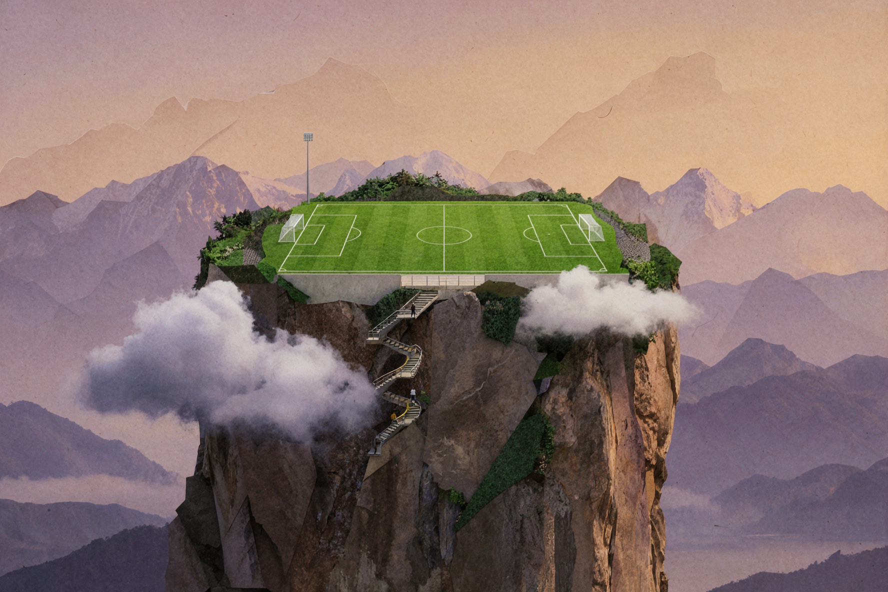 雲上のサッカー場 · シュールなコラージュ