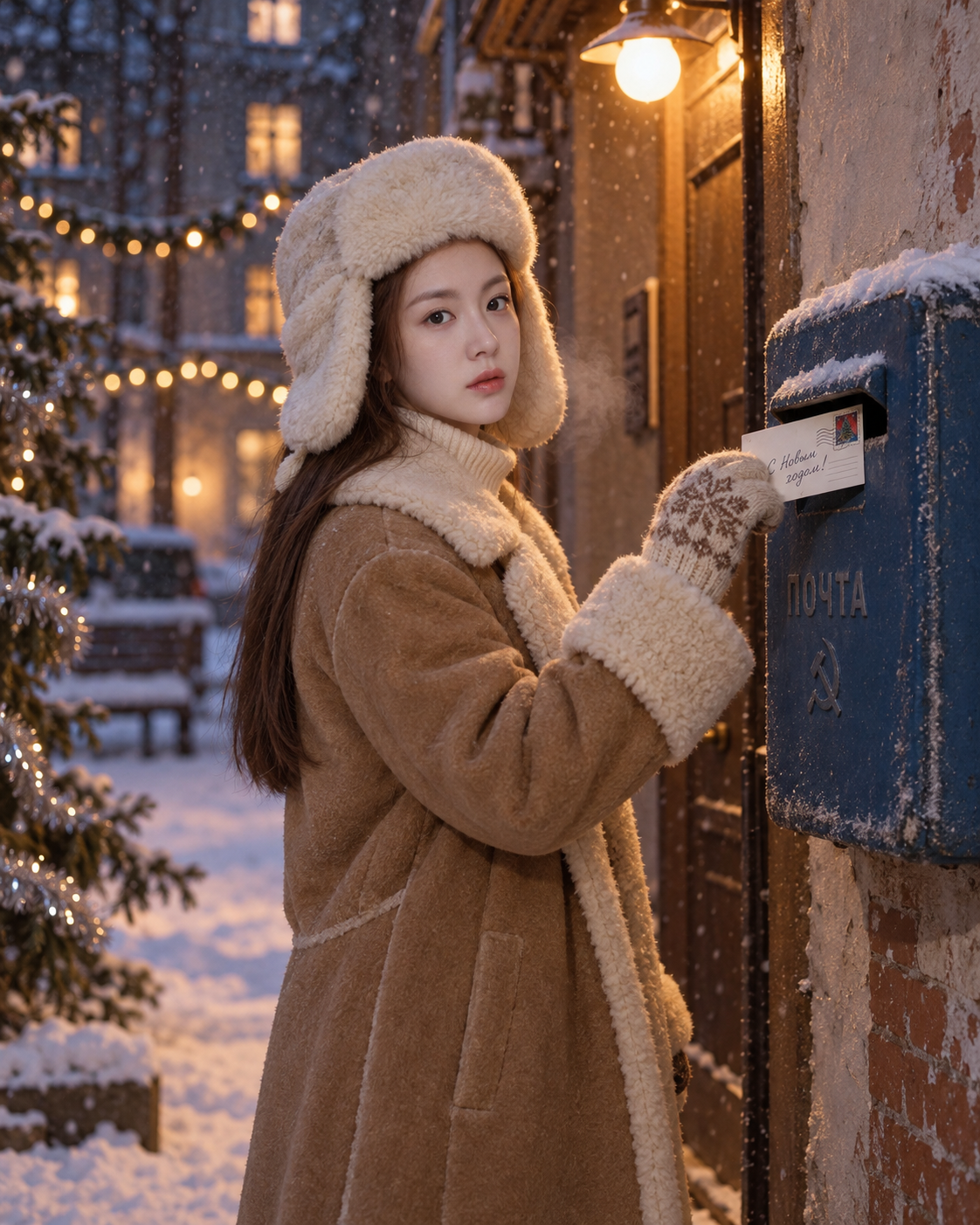 雪夜邮筒投递新年明信片