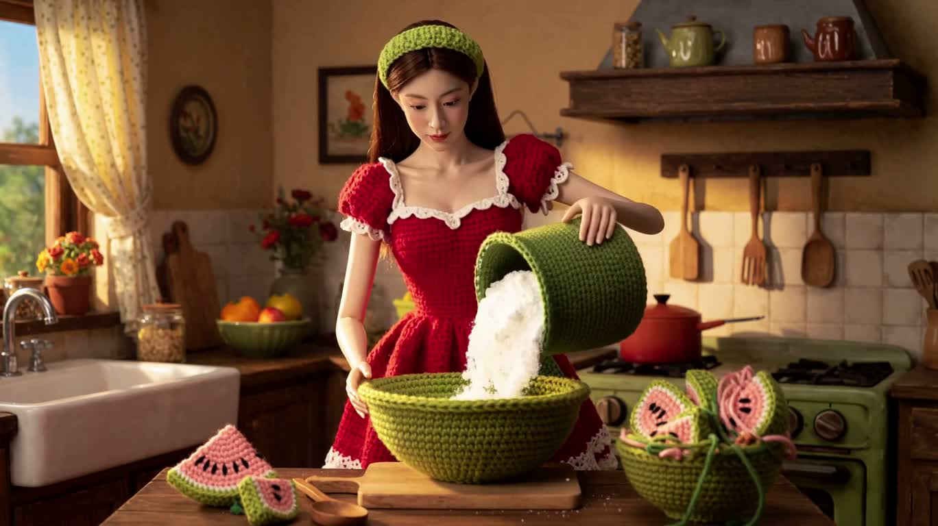 L'aventure sucrée à la pastèque de la poupée au crochet — AI video creation