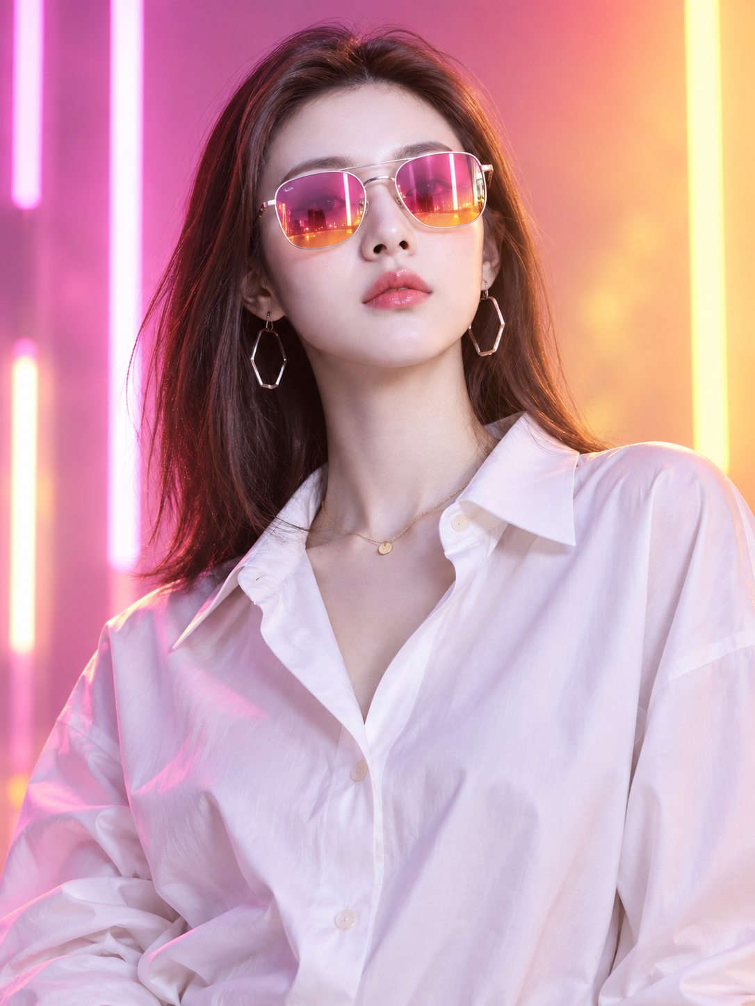 粉黄霓虹下的全息眼镜未来时尚肖像 — AI image creation
