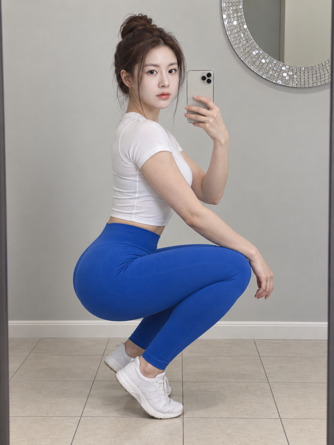 极简镜前成年女性健身深蹲自拍 — AI image creation