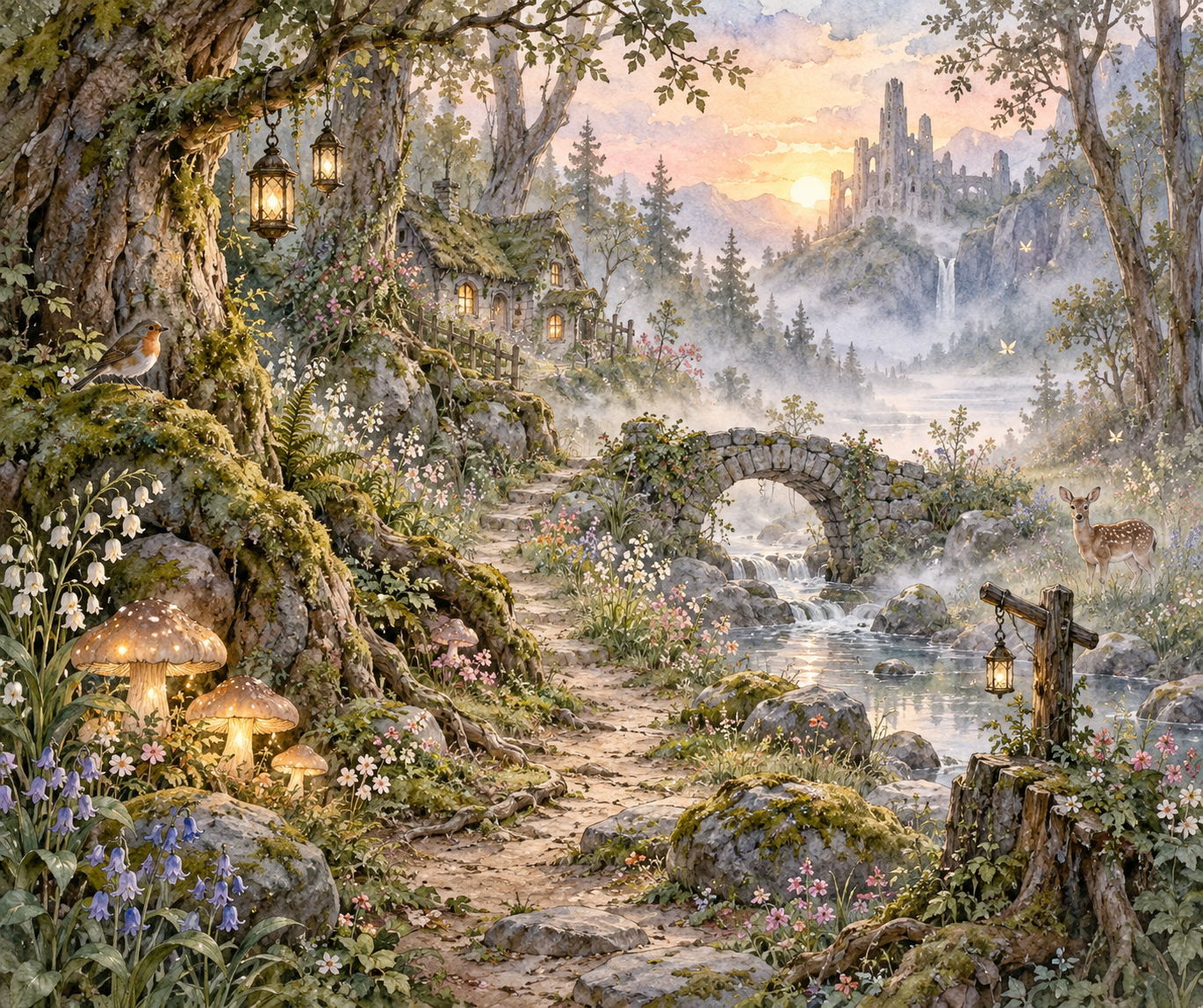 晨曦微光下的魔法森林秘境 — AI image creation