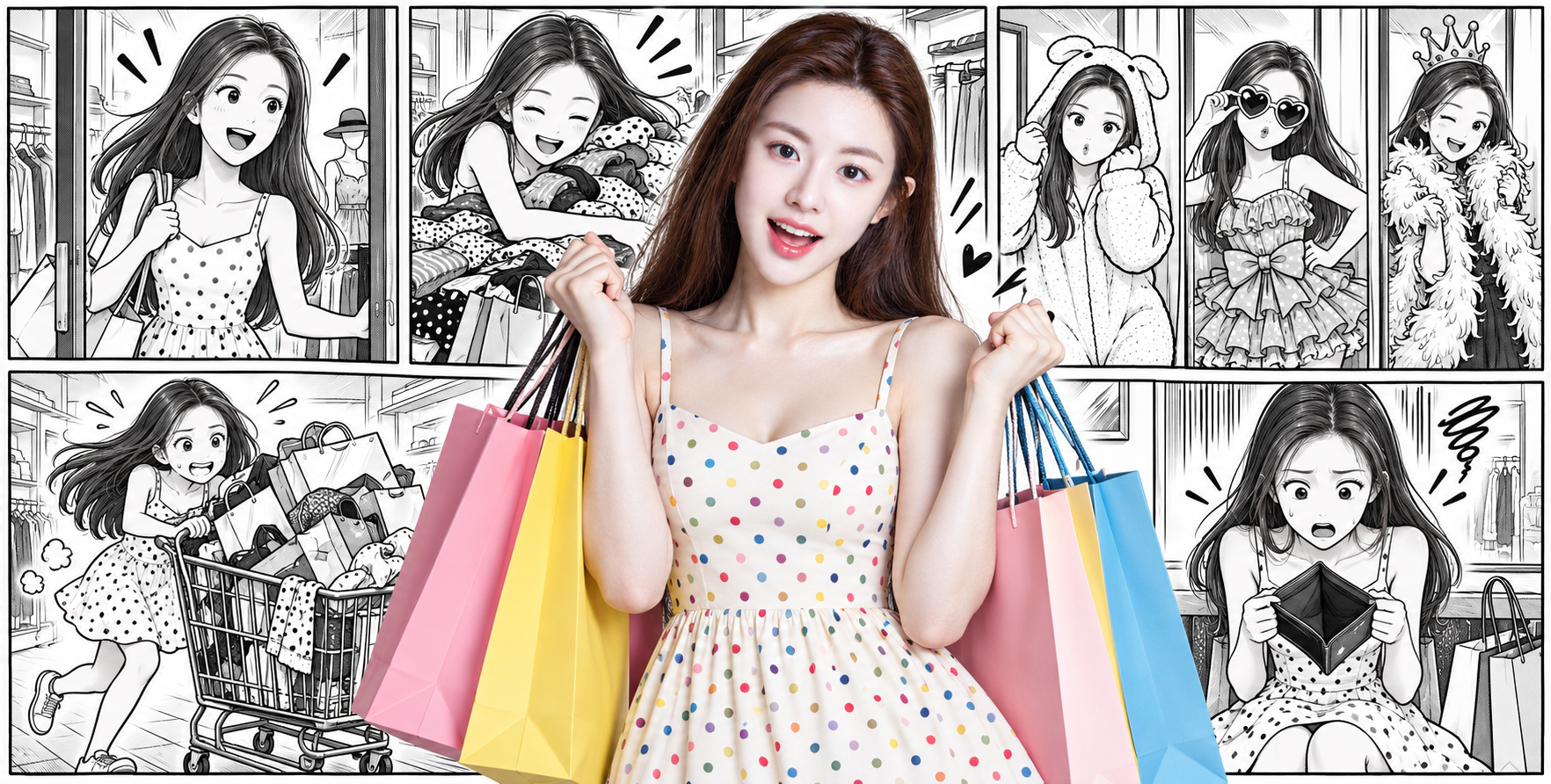 성인 쇼핑객이 자신의 흑백 만화 속으로 들어가다