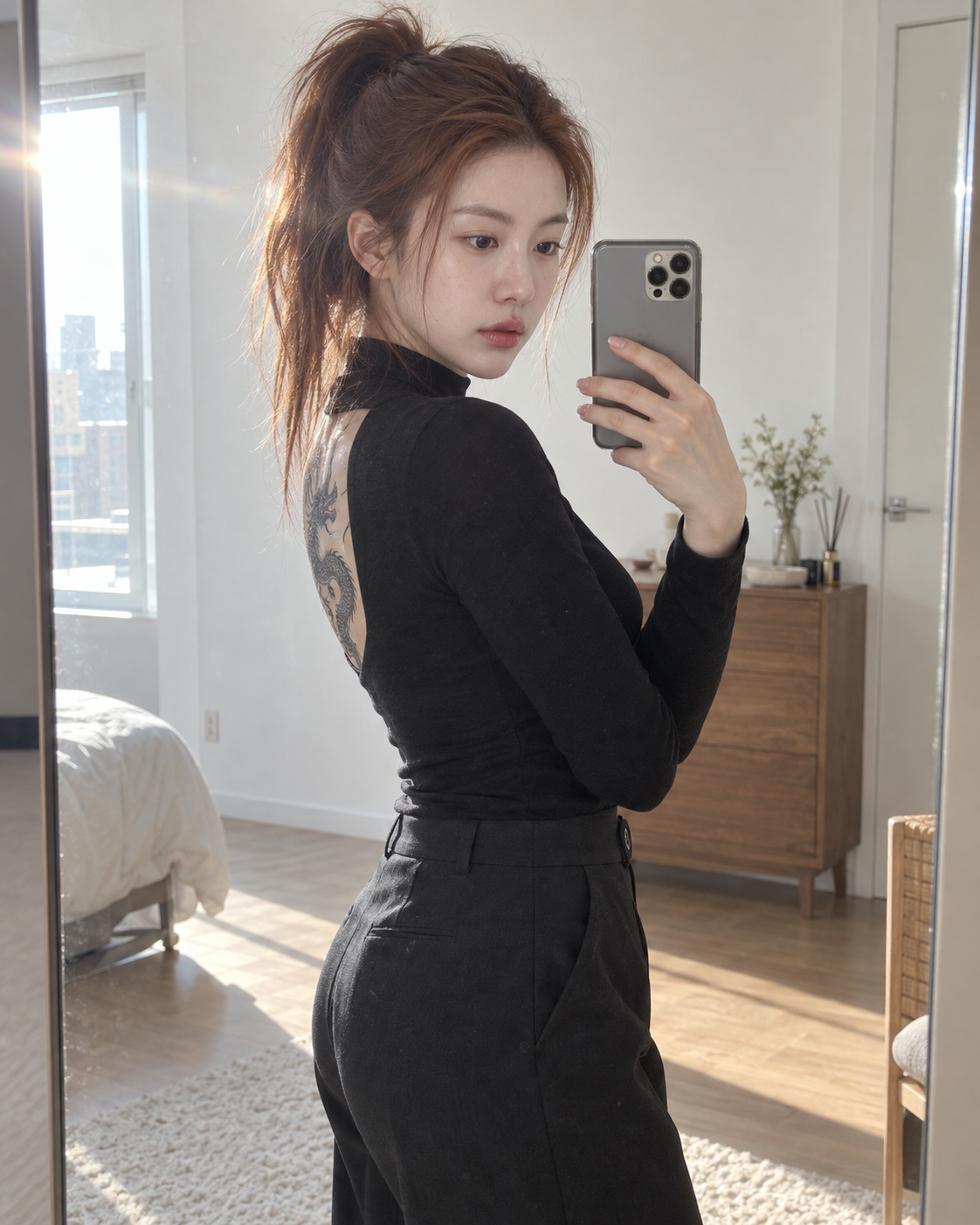 红发成年女性的自然镜面自拍 — AI image creation