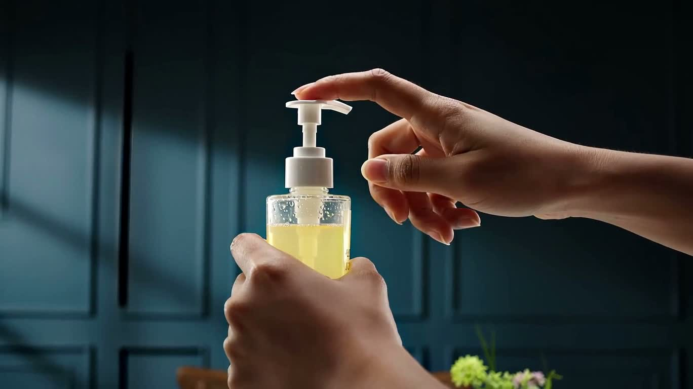 Trình diễn cận cảnh dầu gội thảo mộc tại quầy chuyển món nhà hàng — AI video creation