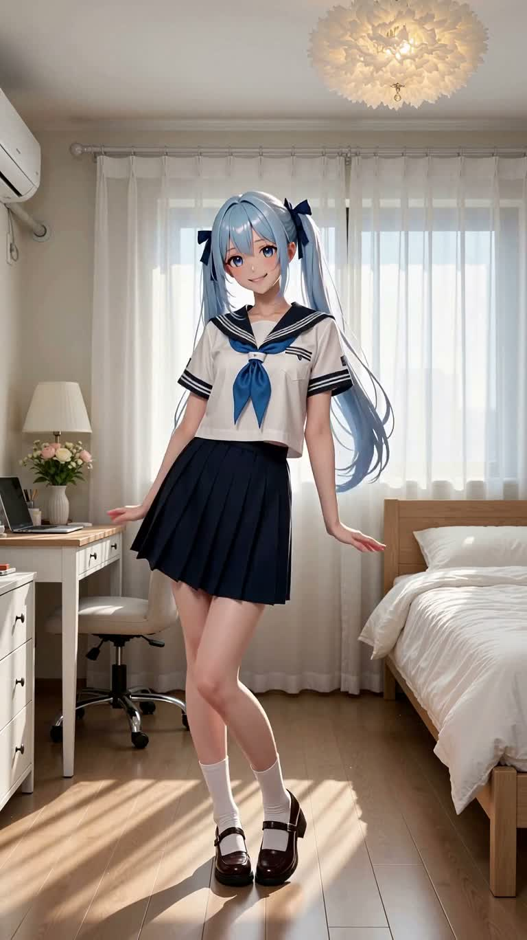 晨光卧室中的蓝发水手服舞步 — AI video creation
