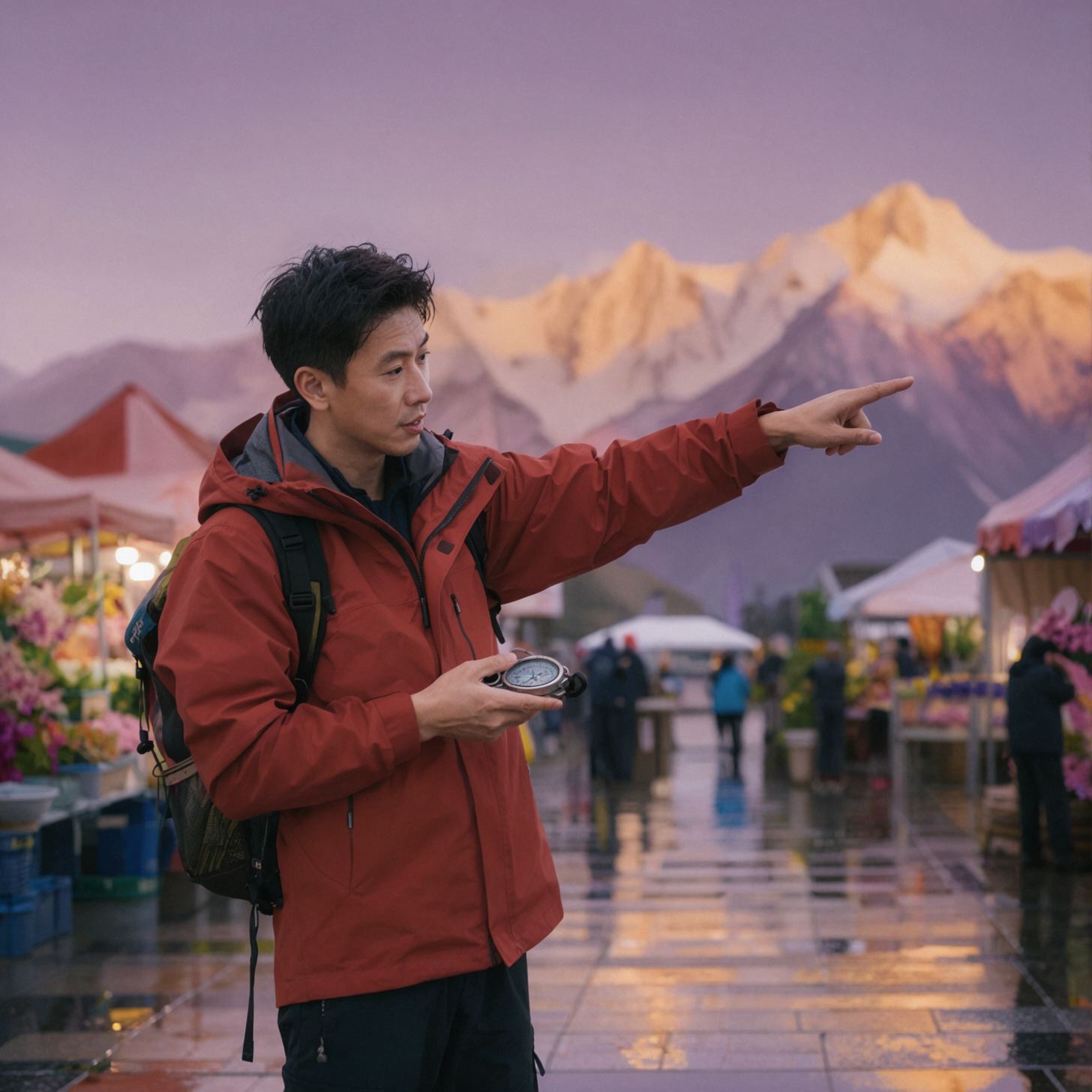 Hướng dẫn viên leo núi nam Đông Á trưởng thành · Chỉ đường trên sống núi · Nhiếp ảnh tilt-shift