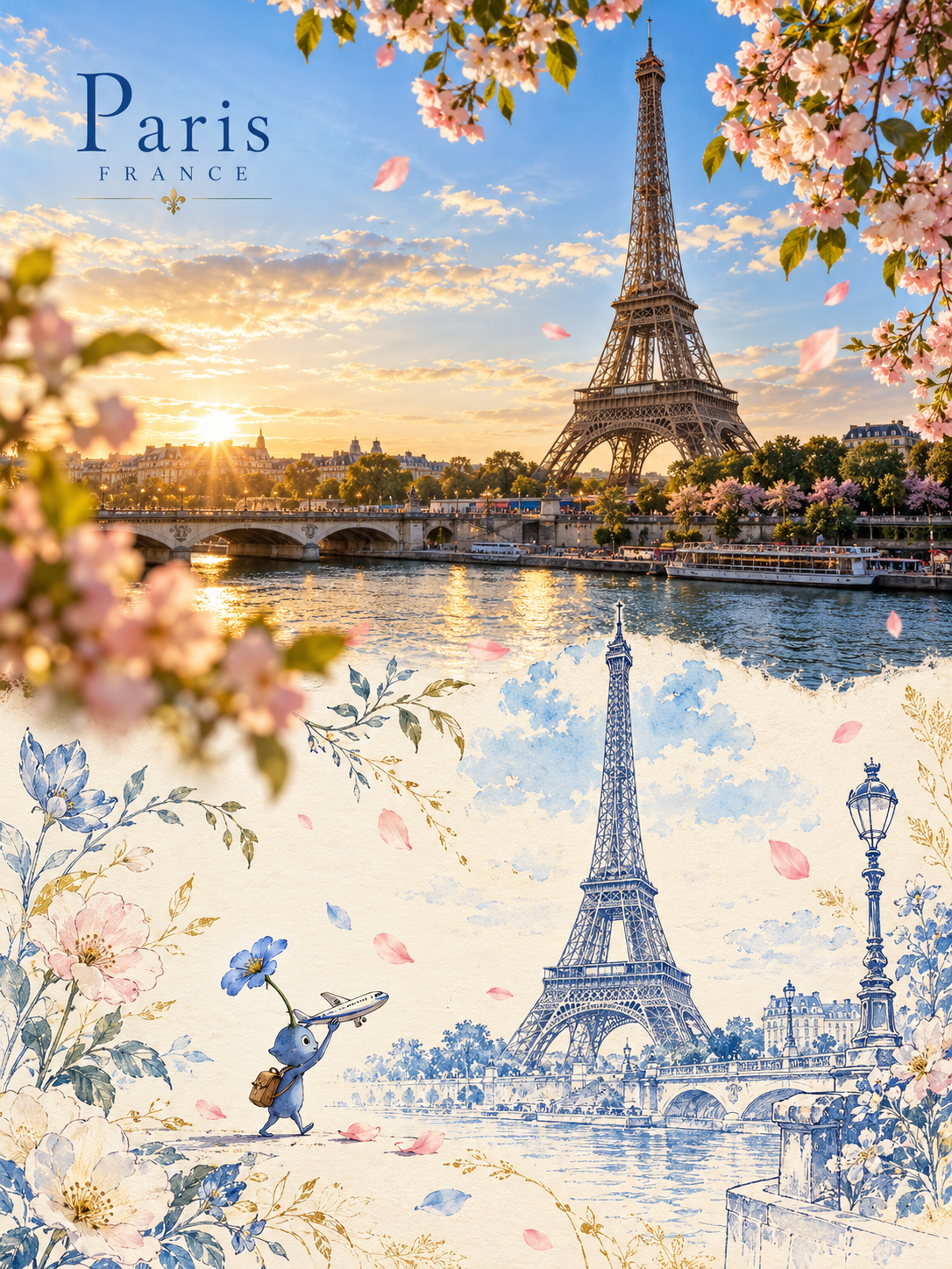 唯美蓝调建筑插画旅行海报 — AI image creation
