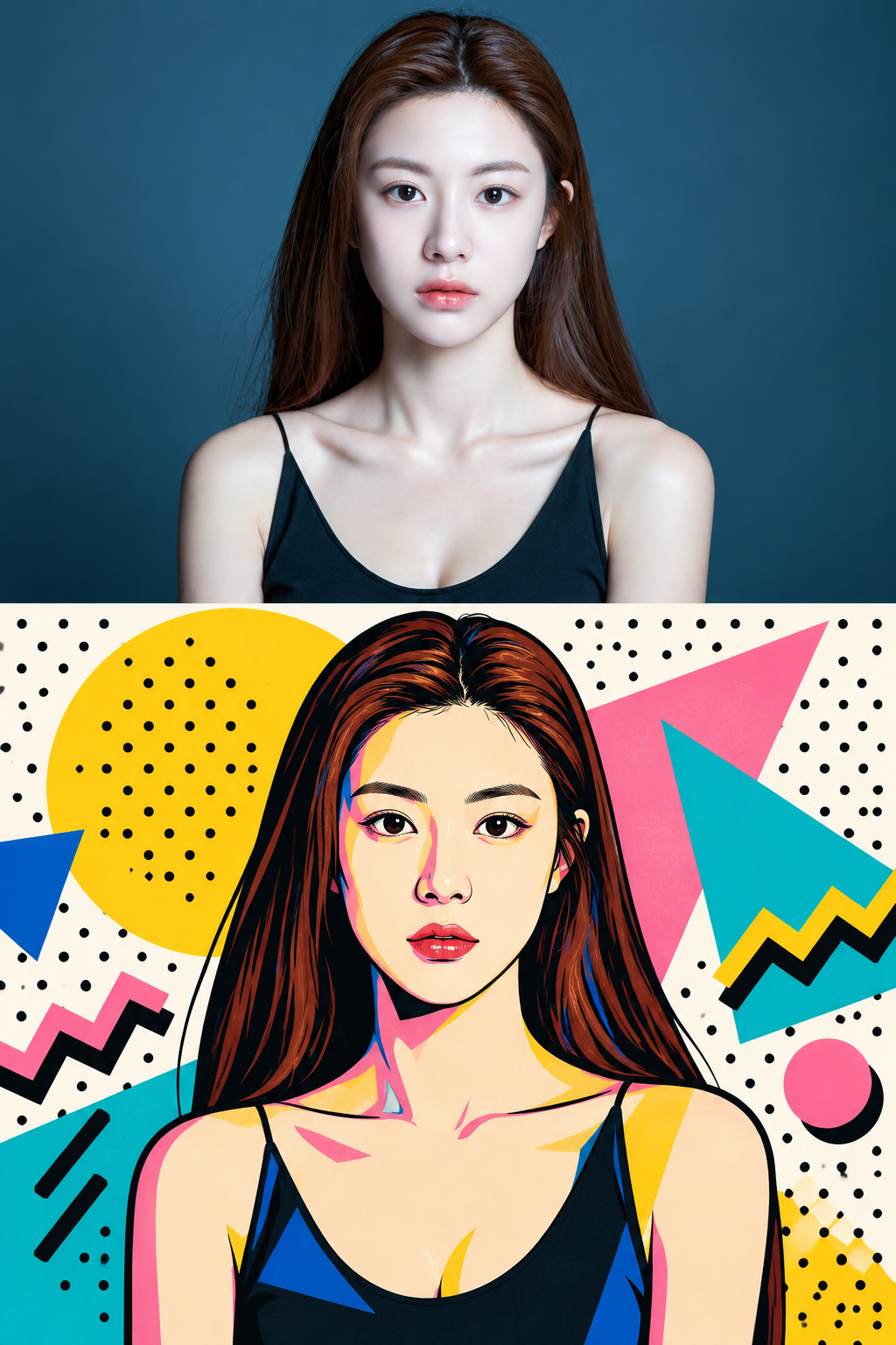 원본 피사체와 멤피스 스타일 상하 분할 일러스트 — AI image creation