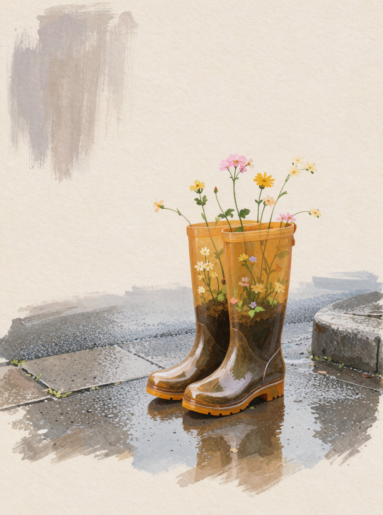 Bottes de pluie ambrées · Album illustré à l'empâtement — AI image creation