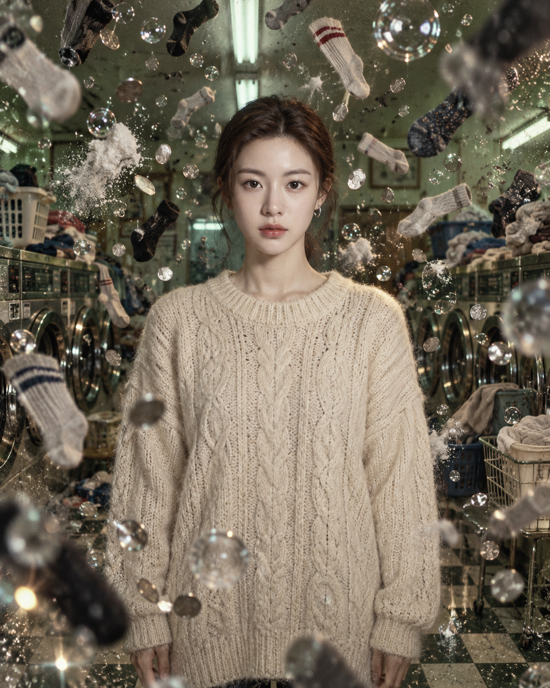 悬浮在失重复古洗衣店的静谧瞬间 — AI image creation