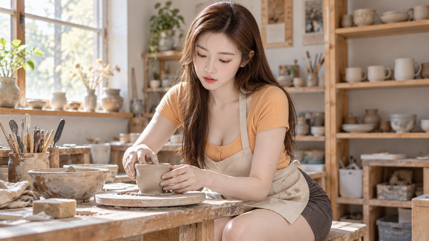 周末陶艺工作室成年女性慢生活肖像 — AI image creation