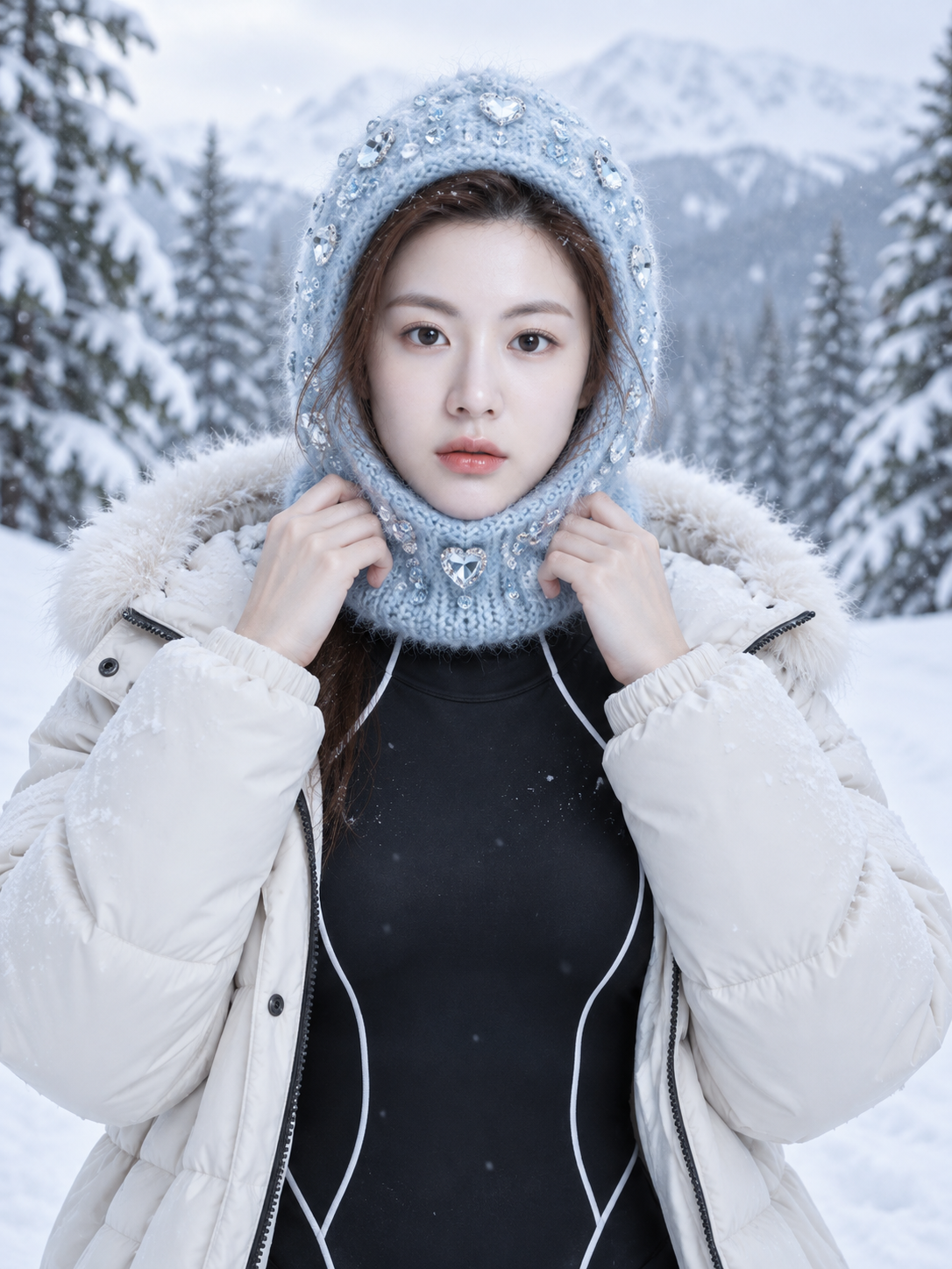 雪林中的水晶针织头罩与冬日时尚人像 — AI image creation