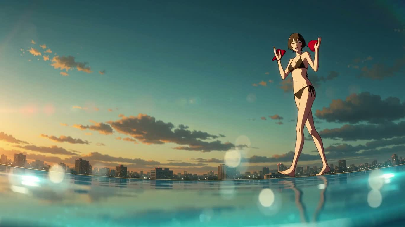 夕暮れ泳池边的凝视与水花 — AI video creation