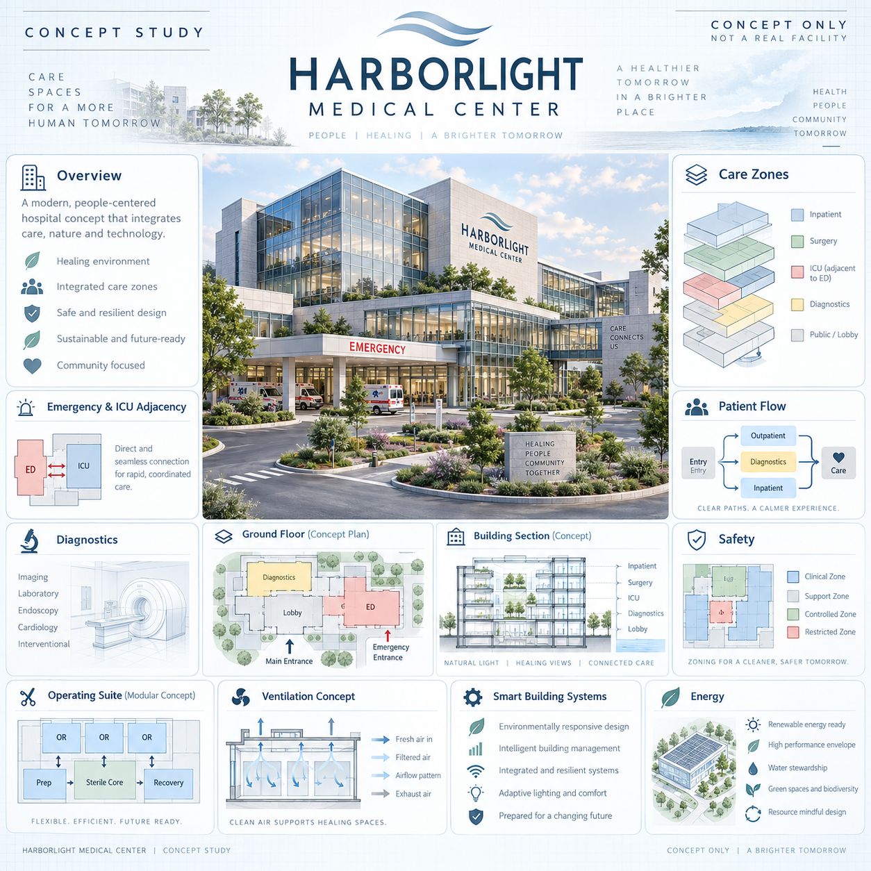 未来医院建筑概念百科信息图 — AI image creation