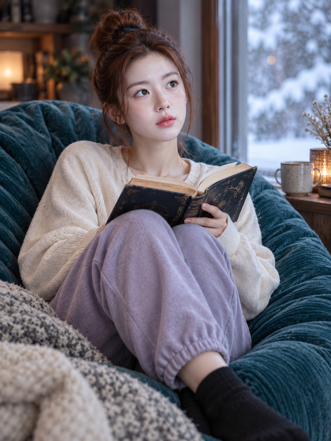 青绿色懒人沙发上的红发成年女性冬日阅读 — AI image creation
