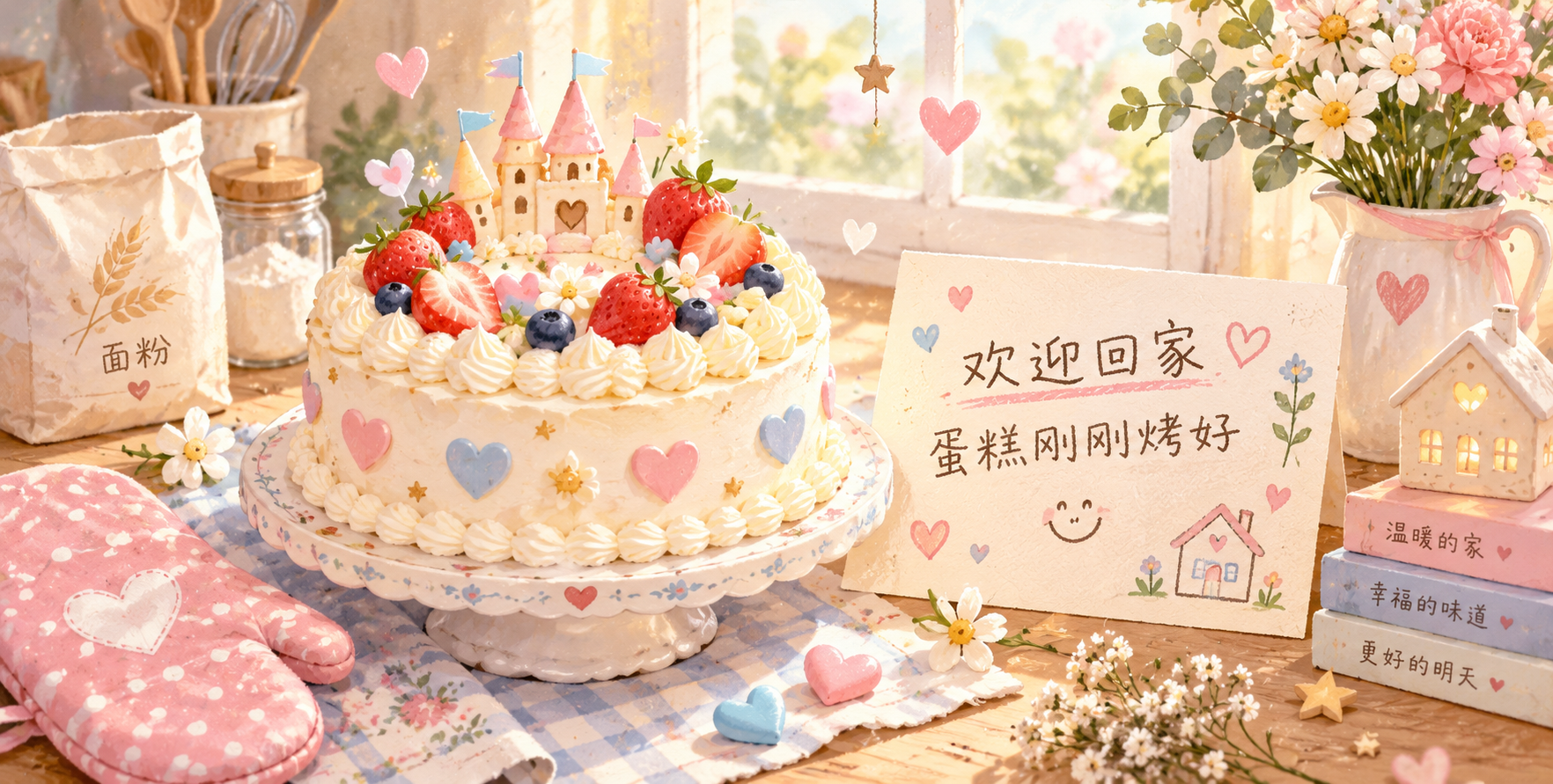 微笑递上蛋糕的欢迎回家插画卡 — AI image creation