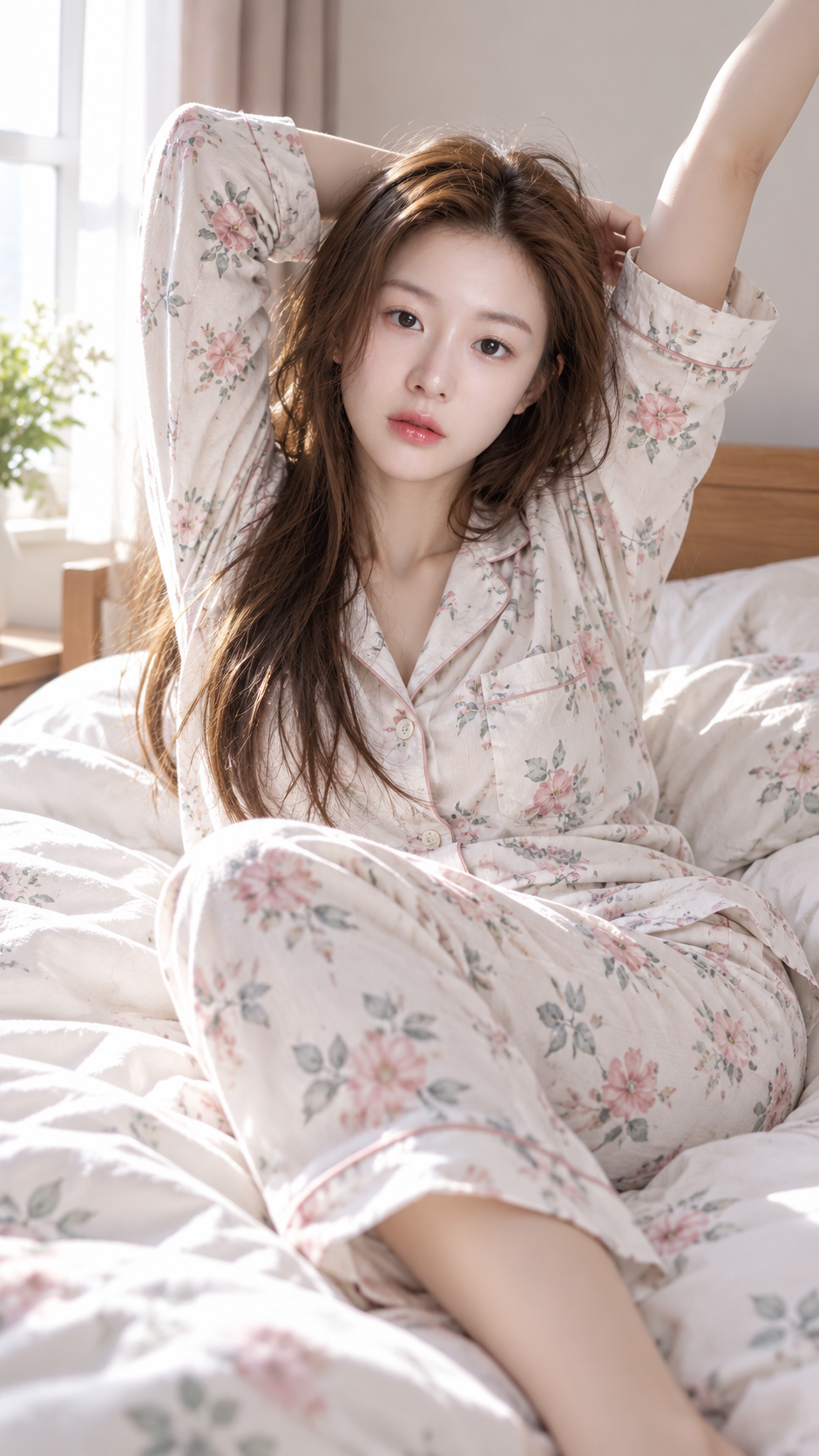 Chân dung người lớn vừa tỉnh giấc trong ánh sáng ban mai với đồ ngủ hoa