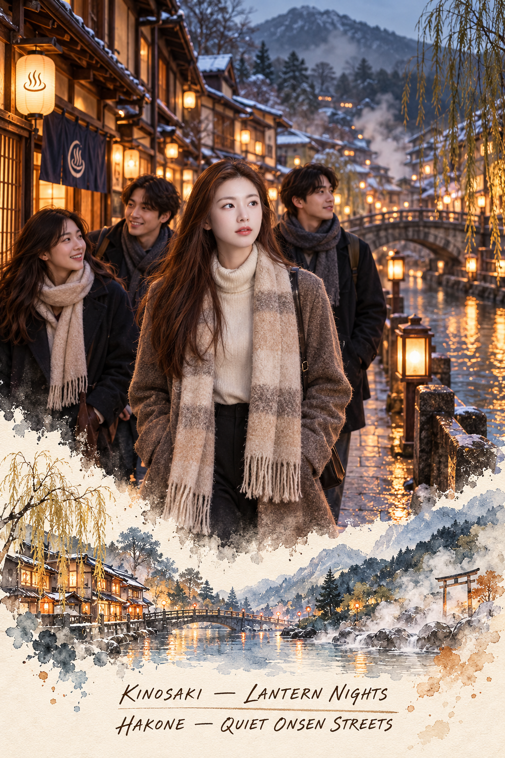 Áp phích du lịch màu nước cổ điển phố suối nước nóng Kinosaki Hakone