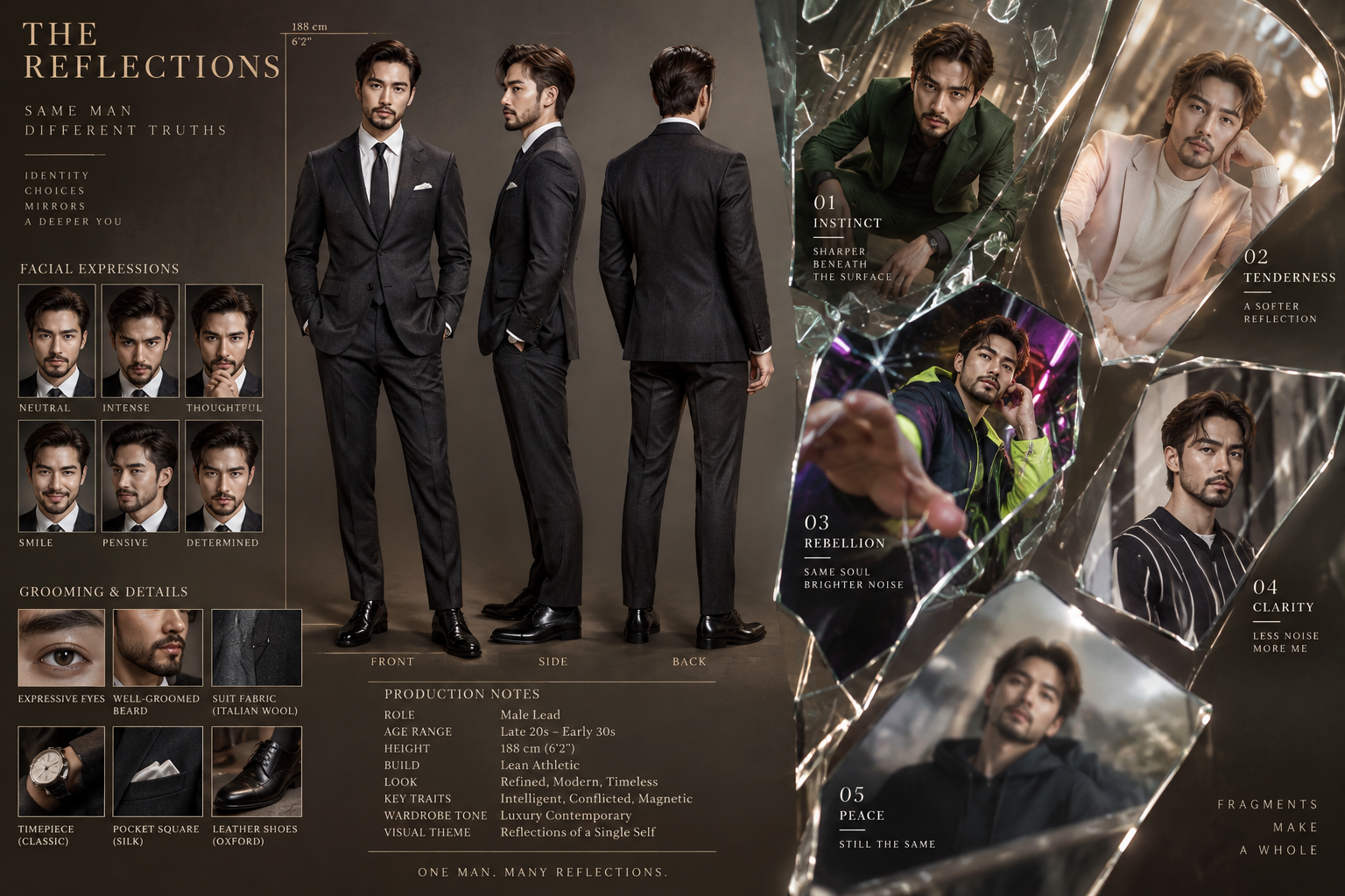 电影男主角色设计板与碎镜倒影研究 — AI image creation