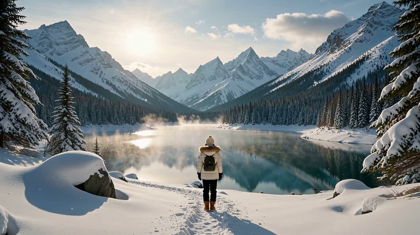 Winter Journey by the Snowy Mountain Lake — AI video creation
