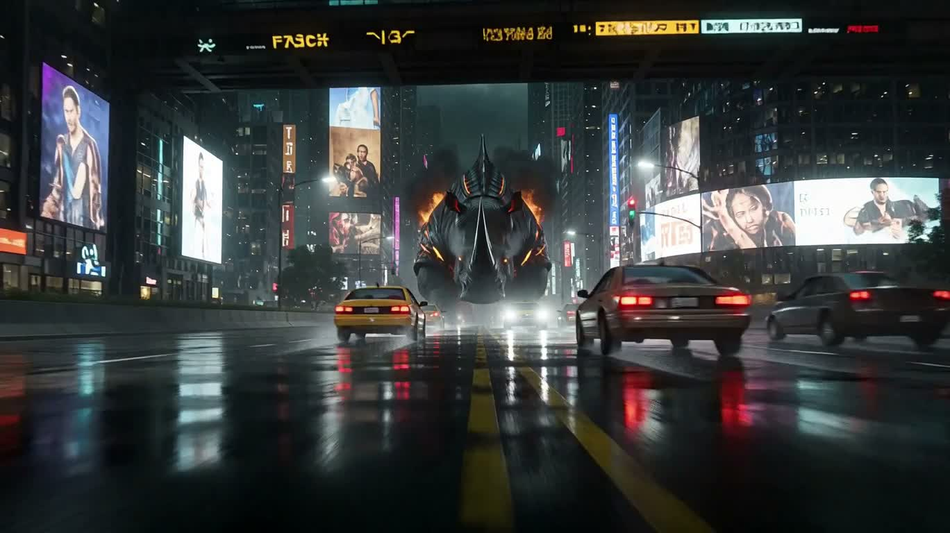 霓虹废墟中的熔岩装甲巨犀 — AI video creation