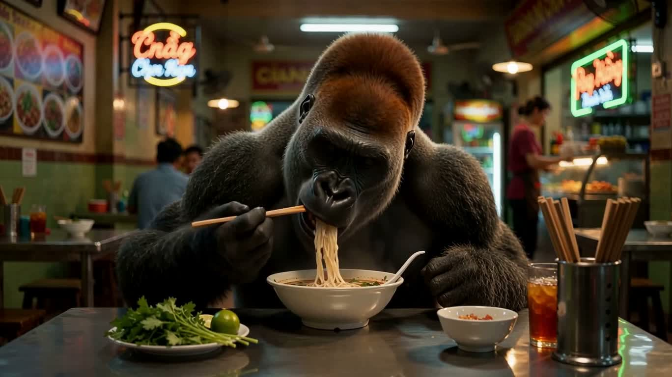 Gorille dos argenté dégustant un pho dans une boîte de nuit de Saigon — AI video creation