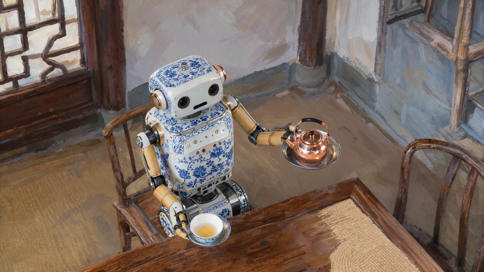 蓝瓷茶机器人 · 印象派光色 — AI image creation