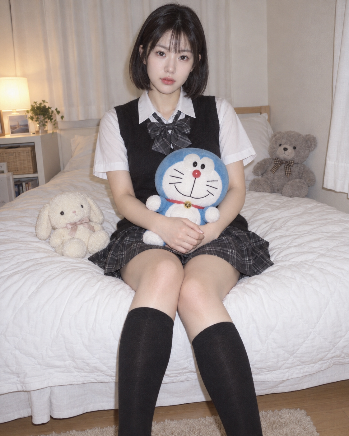 ベッドサイドで旧型デジタルカメラを持つプレッピー風の成人東アジア女性のポートレート