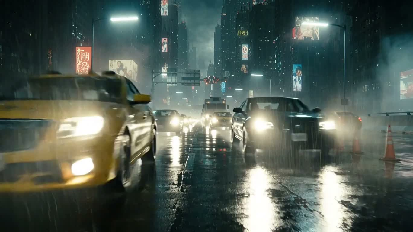 霓虹雨城装甲车顶决战 — AI video creation