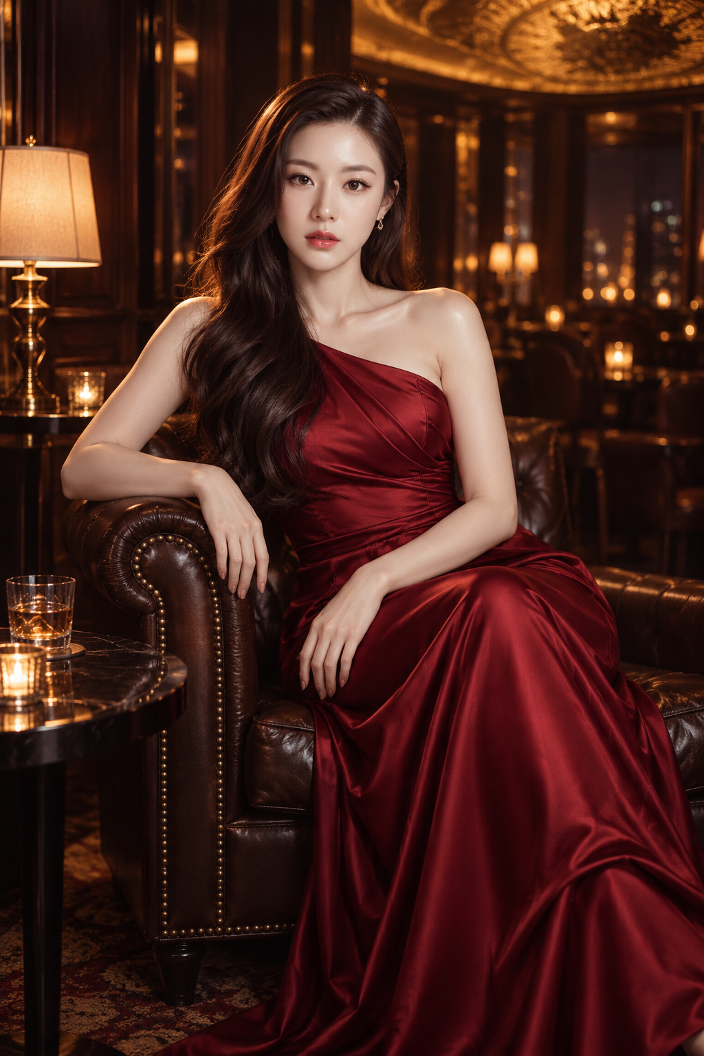 Luxury lounge red satin fashion portrait — AI image creation